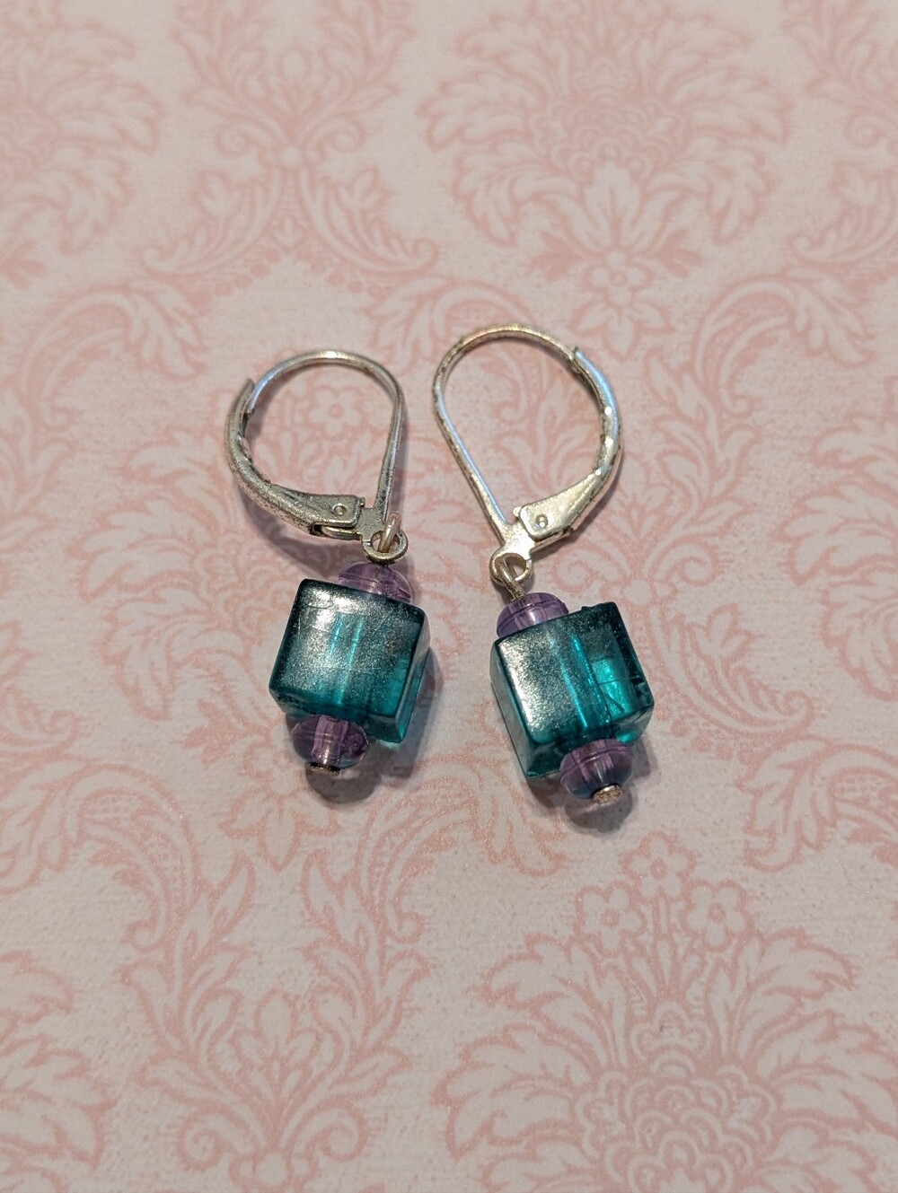 Silver, Green and Purple Cube Earrings